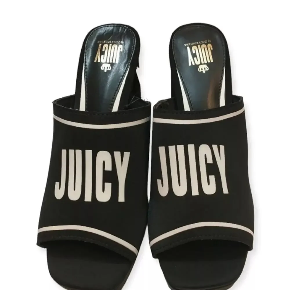Juicy Couture Y2K Block Heel Logo Sandals J-Girly Black White – Size 9.5